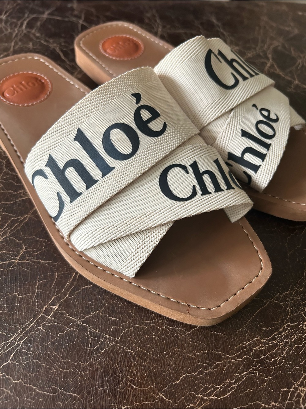 Chloé Woody Flat Logo Ribbon Slide Sandals